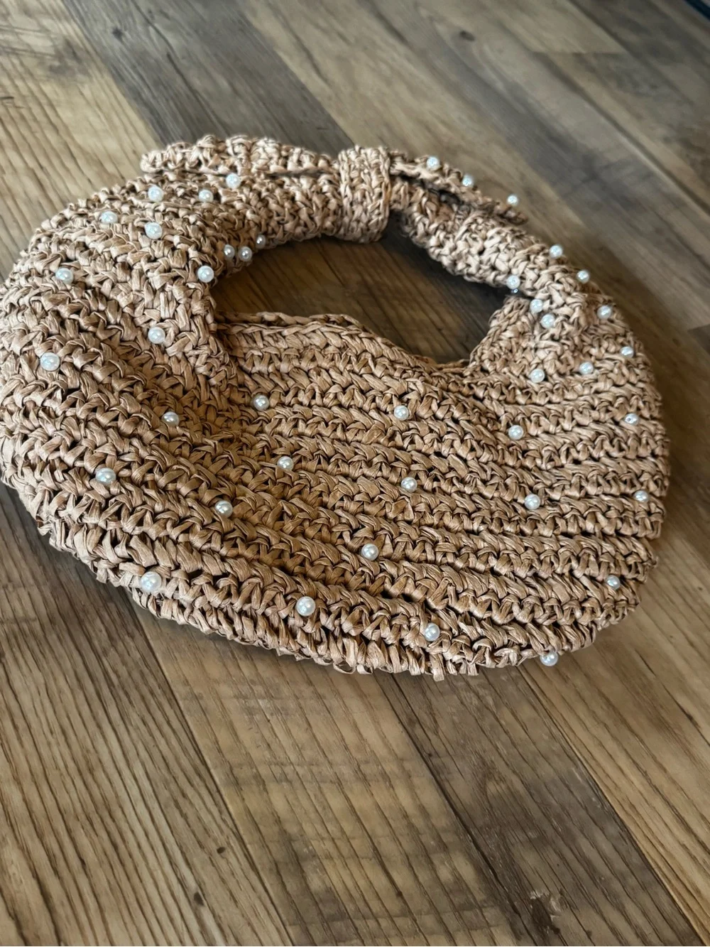 NWOT Haute Hippie Straw Pearl-Embellished Woven Shoulder Hobo Bag in Natural Tan